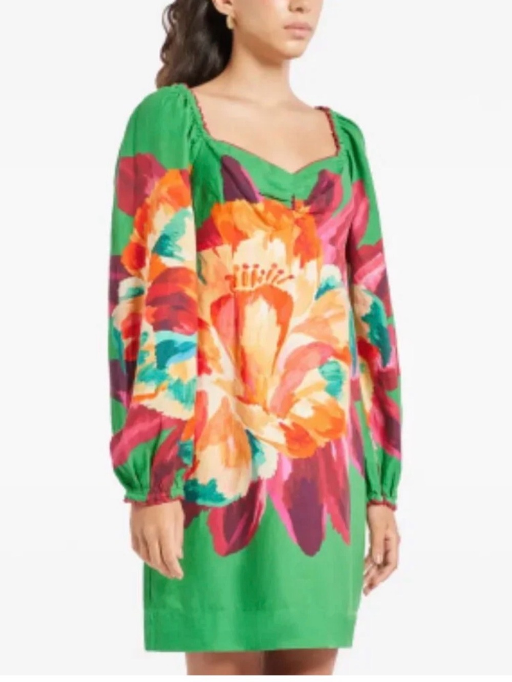 FARM Rio Green Bold Floral Puff-Sleeve Dress